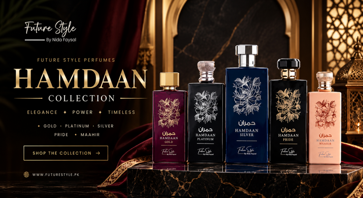 Hamdaan perfume collection: Gold, Platinum, Silver, Pride and Maahir bottles
