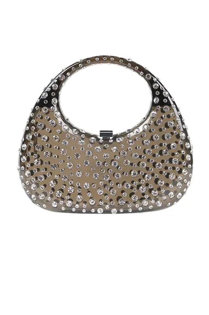 Black clutch bag for women with a textured finish and metal clasp, front view