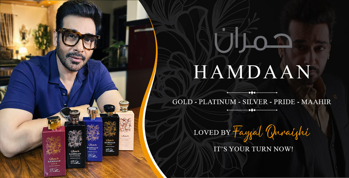 Hamdaan perfume collection: Gold, Platinum, Silver, Pride and Maahir bottles