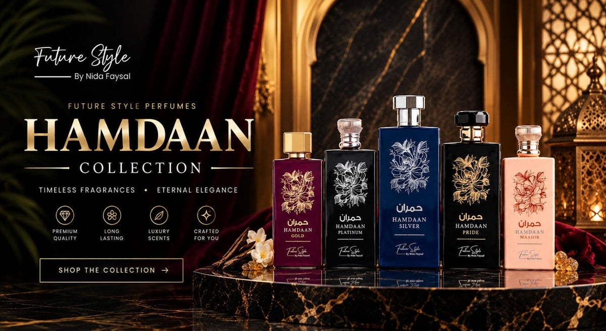 Hamdaan perfume collection: Gold, Platinum, Silver, Pride and Maahir bottles