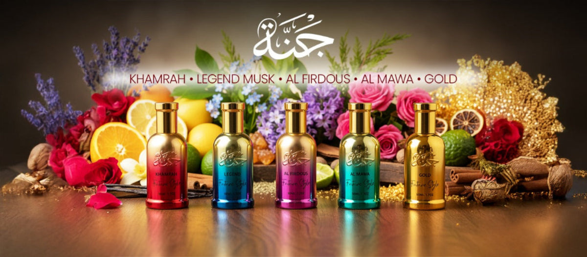 Jannat perfume collection: Khamrah, Legend Musk, Al Firdous, Al Mawa and Gold bottles with fruit and flowers