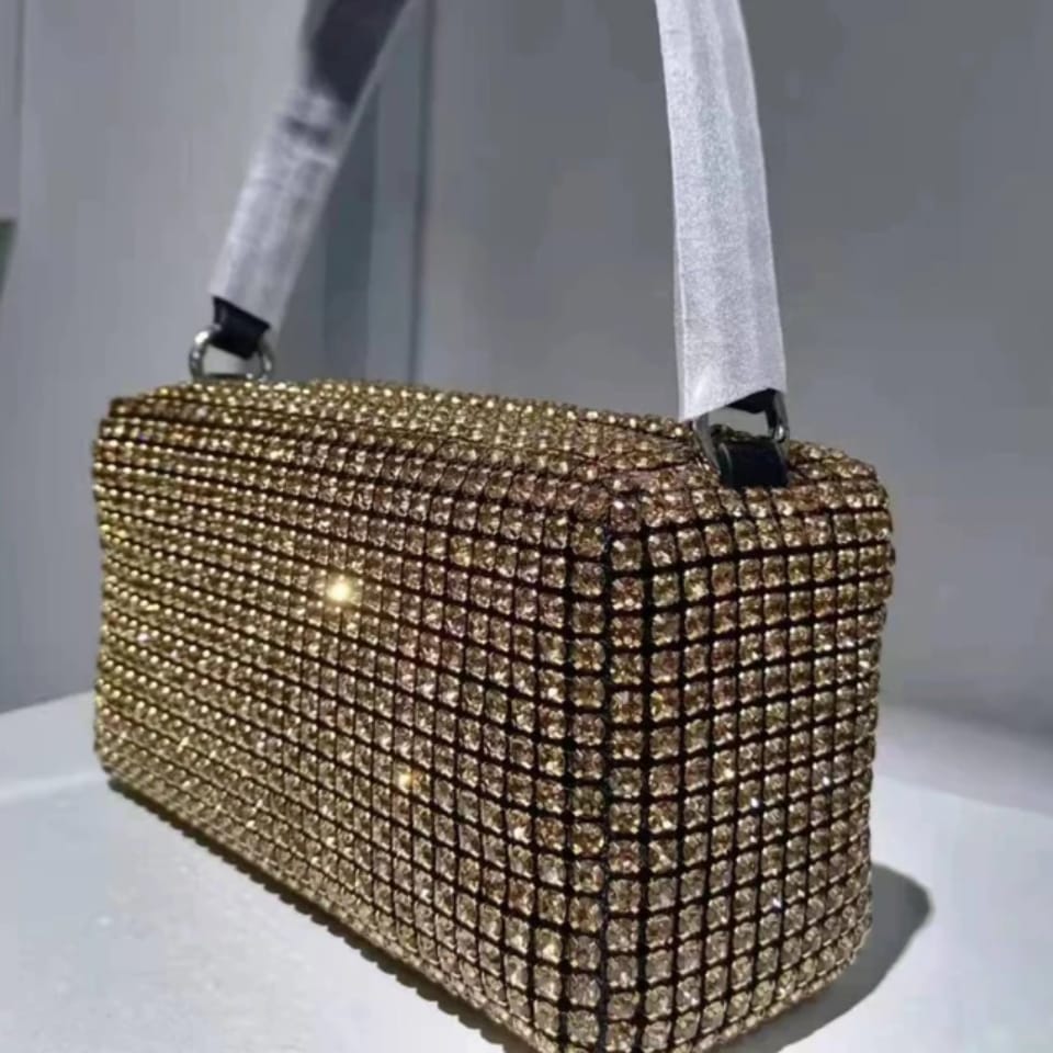 Wang Large gold sparkling rectangle bag with clear strap, product view