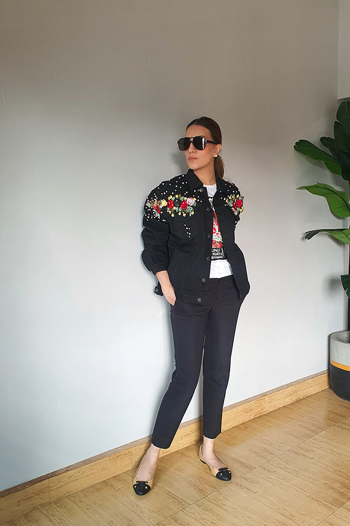 Black with pearl And Red Embroidery Denim Jacket