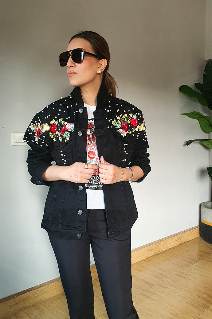 Black with pearl And Red Embroidery Denim Jacket