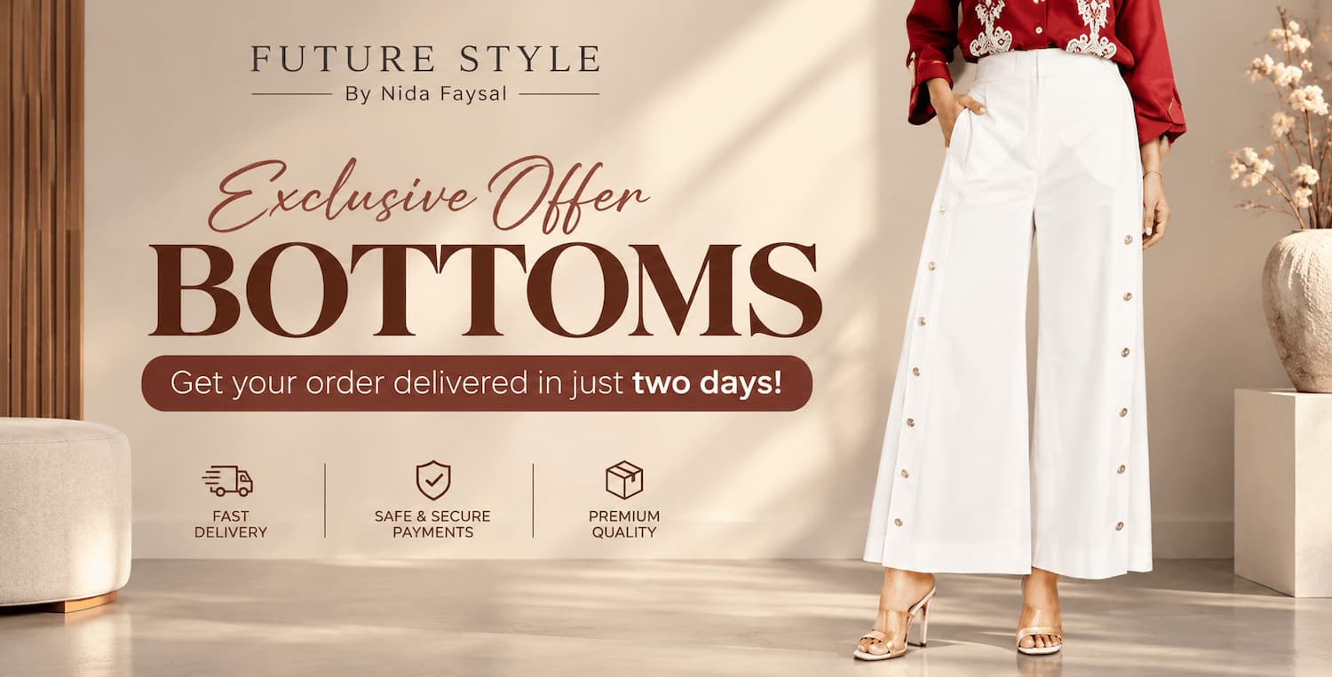 Future Style women's bottoms collection: white wide-leg trousers, delivery across Pakistan
