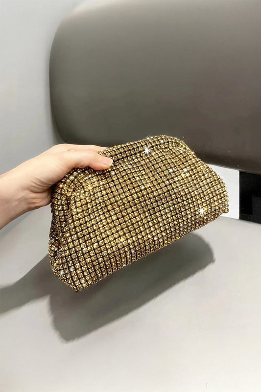 Glimmer Gem Gold rhinestone glitter clutch bag with chain strap, Future Style Pakistan