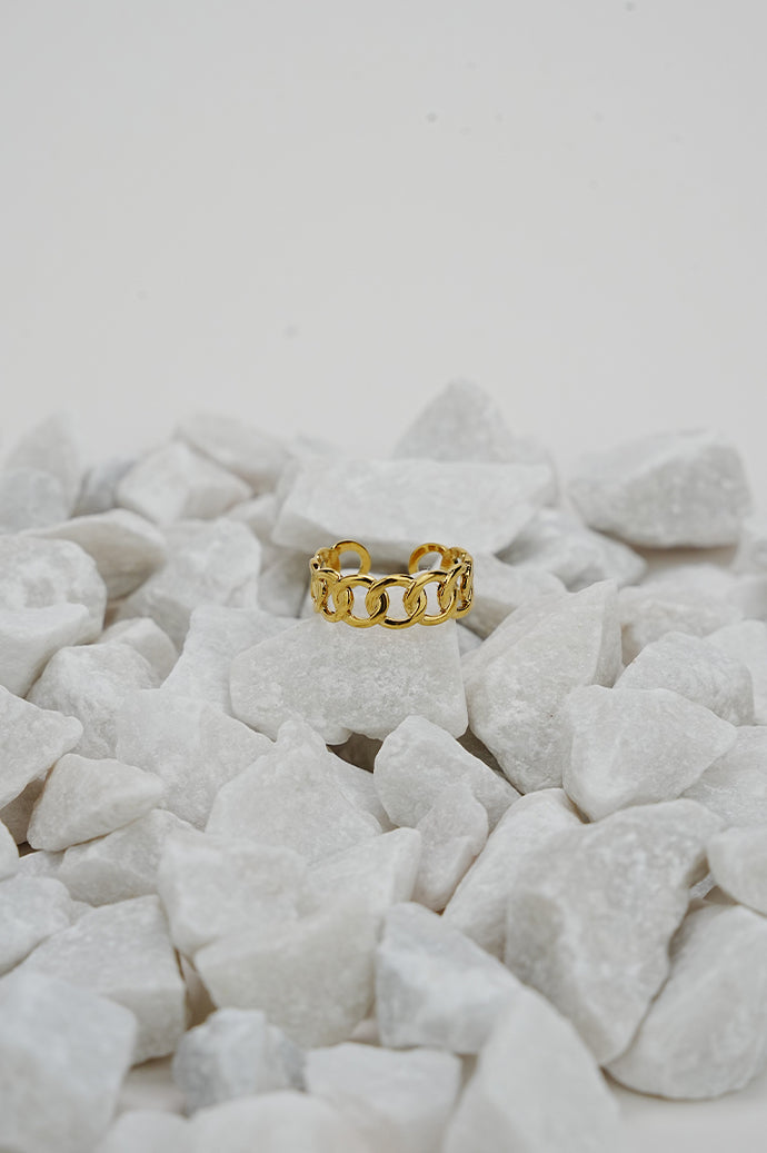 Golden Tranquility Ring for Women rested on top of rocks.