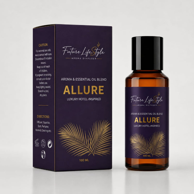 Allure hotel-inspired aroma oil 100ml bottle and box with fragrance notes, Future Life Style Pakistan