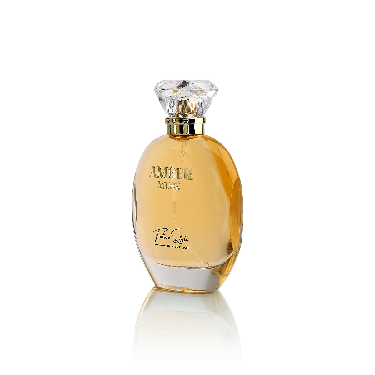 Amber Musk perfume bottle with gold neck and clear cap