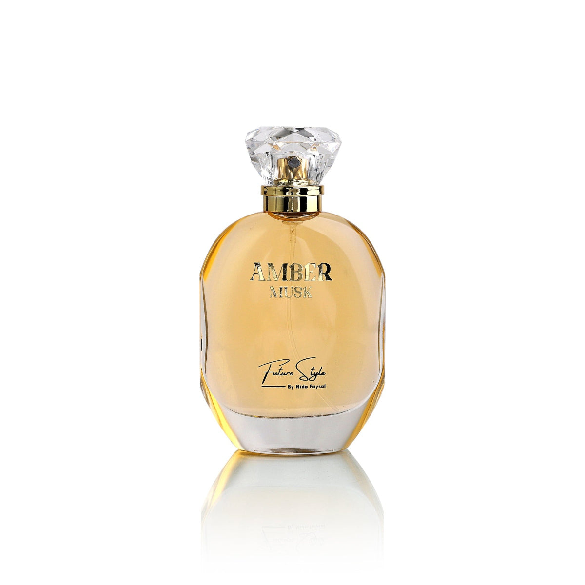 Amber Musk perfume amber glass bottle with clear cap, front view