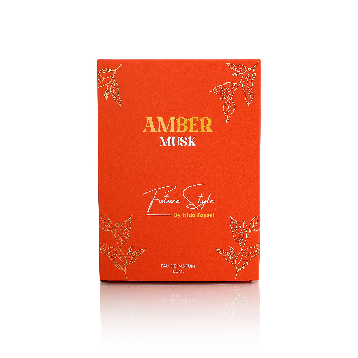 Amber Musk perfume orange-red box with gold leaf design, front view