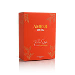 Amber Musk perfume orange-red box, angled view