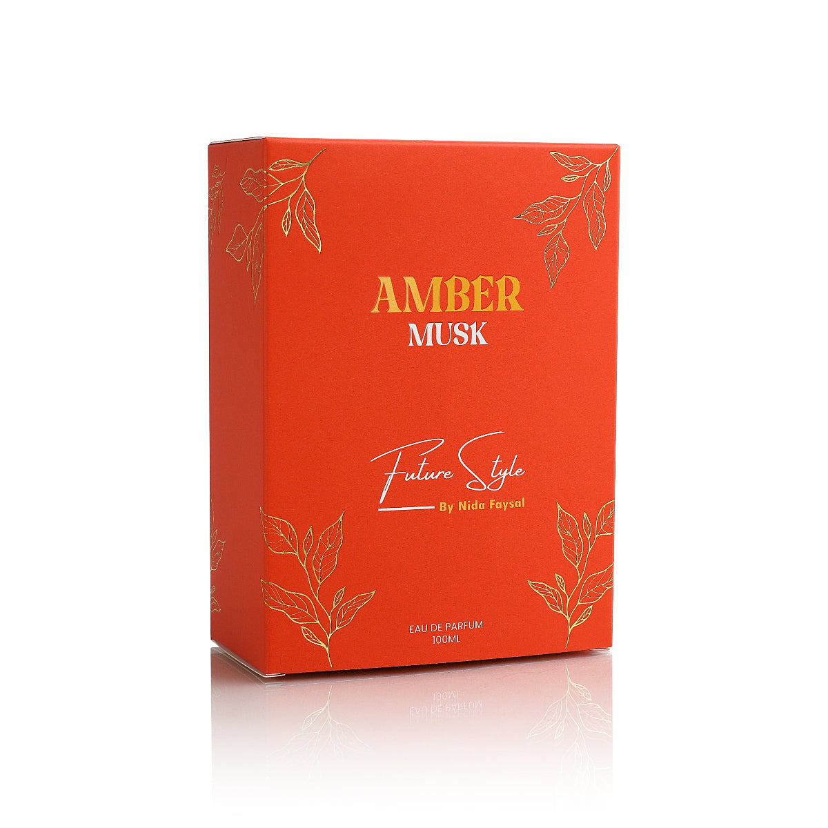 Amber Musk perfume orange-red box, angled view
