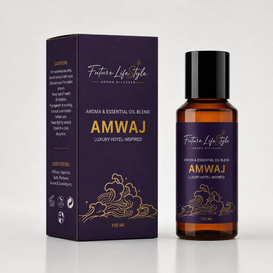 Amwaj hotel-inspired aroma oil 100ml bottle and box with fragrance notes, Future Life Style Pakistan