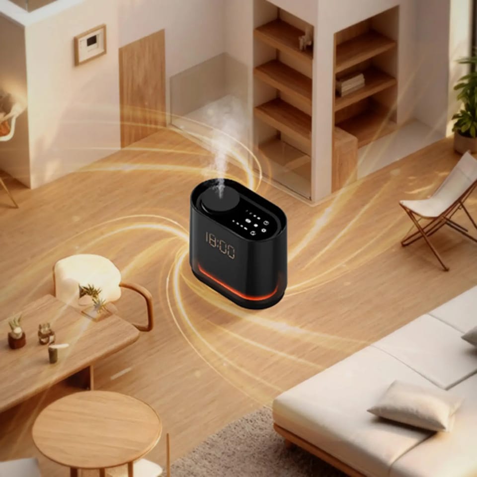 Aroma diffuser spreading fragrance through a living room, shown from above
