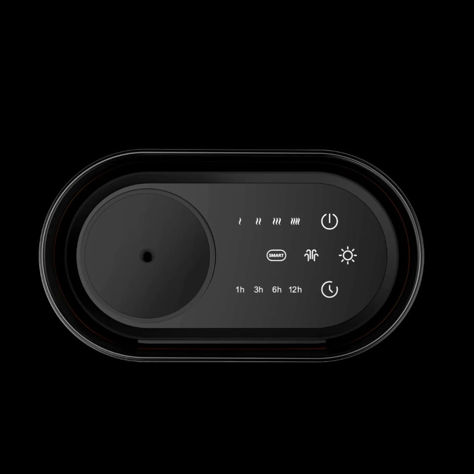 Top view of aroma diffuser touch panel with mist levels, smart mode and 1h 3h 6h 12h timer