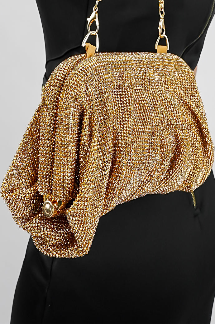 Close-up of the hand-sewn gold rhinestone mesh on the Benedetta clutch bag