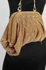 Close-up of the hand-sewn gold rhinestone mesh on the Benedetta clutch bag