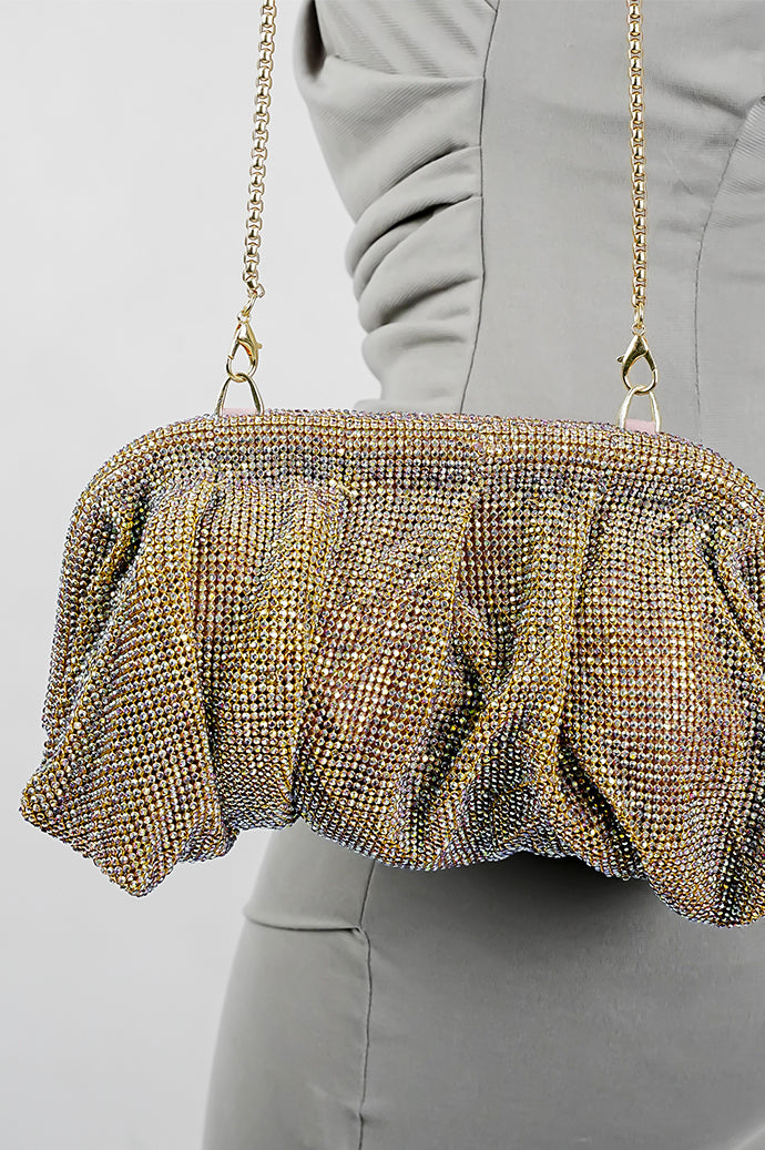 Shimmer Benedetta clutch bag with matching chain, front view