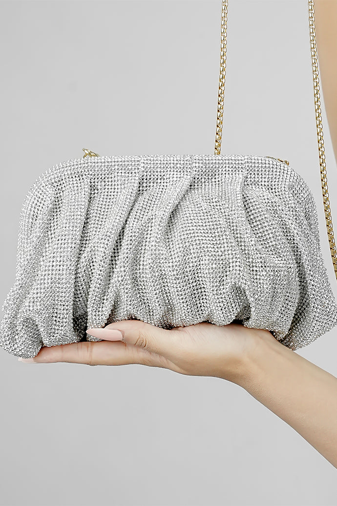 Silver clutch bag for women with matching chain, front view