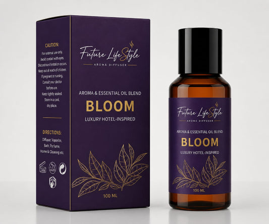 Bloom hotel-inspired aroma oil 100ml bottle and box with fragrance notes, Future Life Style Pakistan
