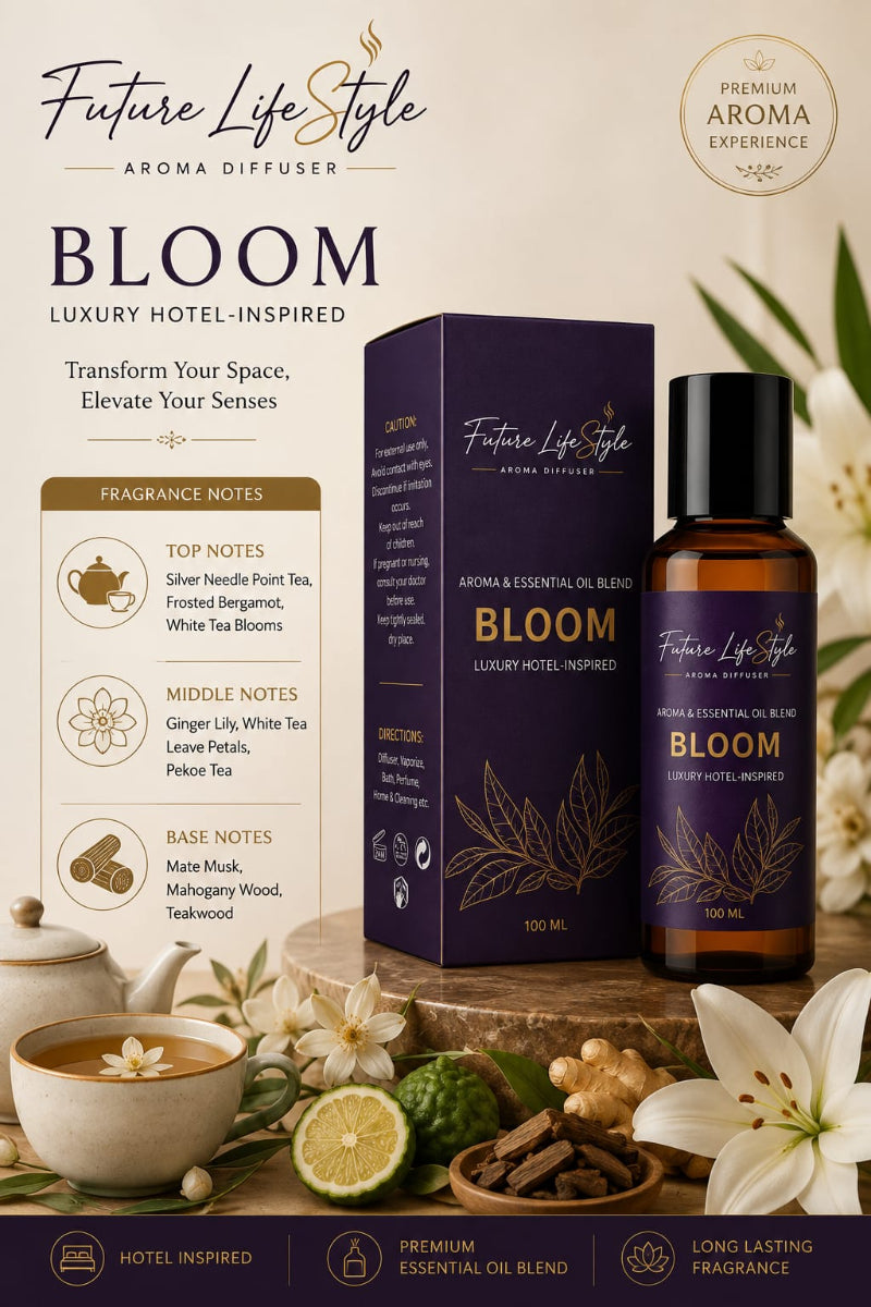 Bloom hotel-inspired aroma oil 100ml bottle and box with fragrance notes, Future Life Style Pakistan