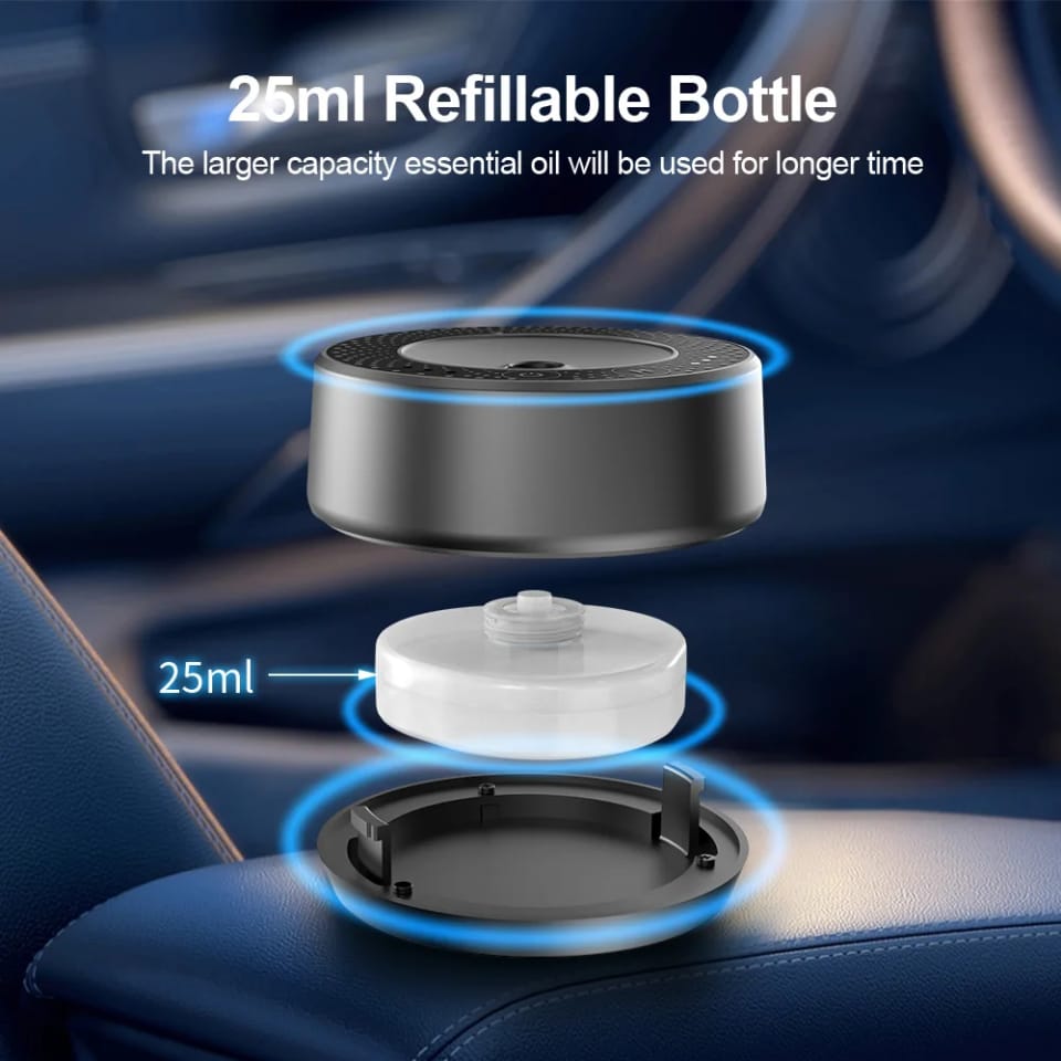 Car aroma diffuser with 25ml refillable oil bottle shown separated from the unit