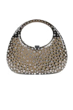 Black clutch bag for women with a textured finish and metal clasp, front view