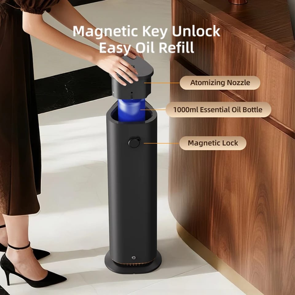Commercial aroma diffuser with top unlocked showing atomizing nozzle, 1000ml oil bottle and magnetic lock