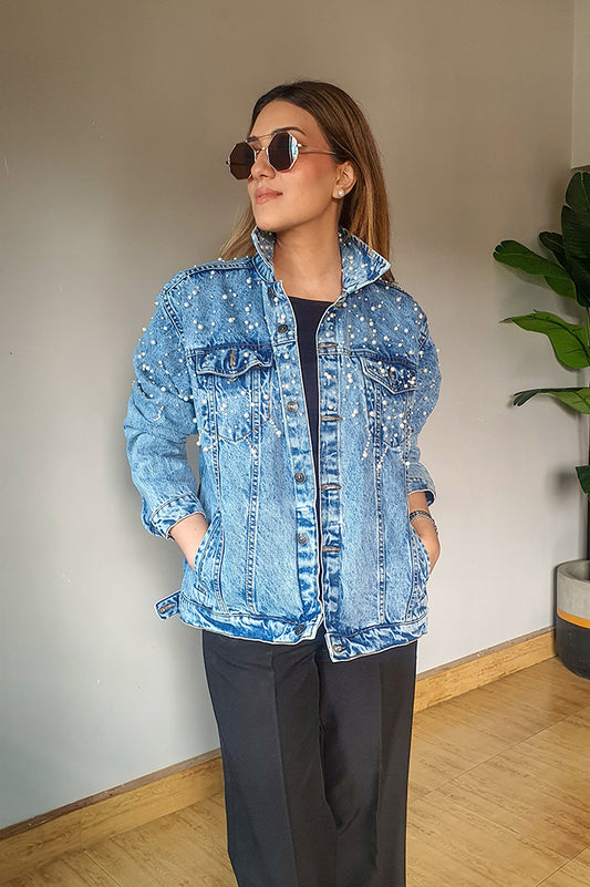 Denim blue jacket for women with pearl detailing and appliqués, front view, Future Style Pakistan
