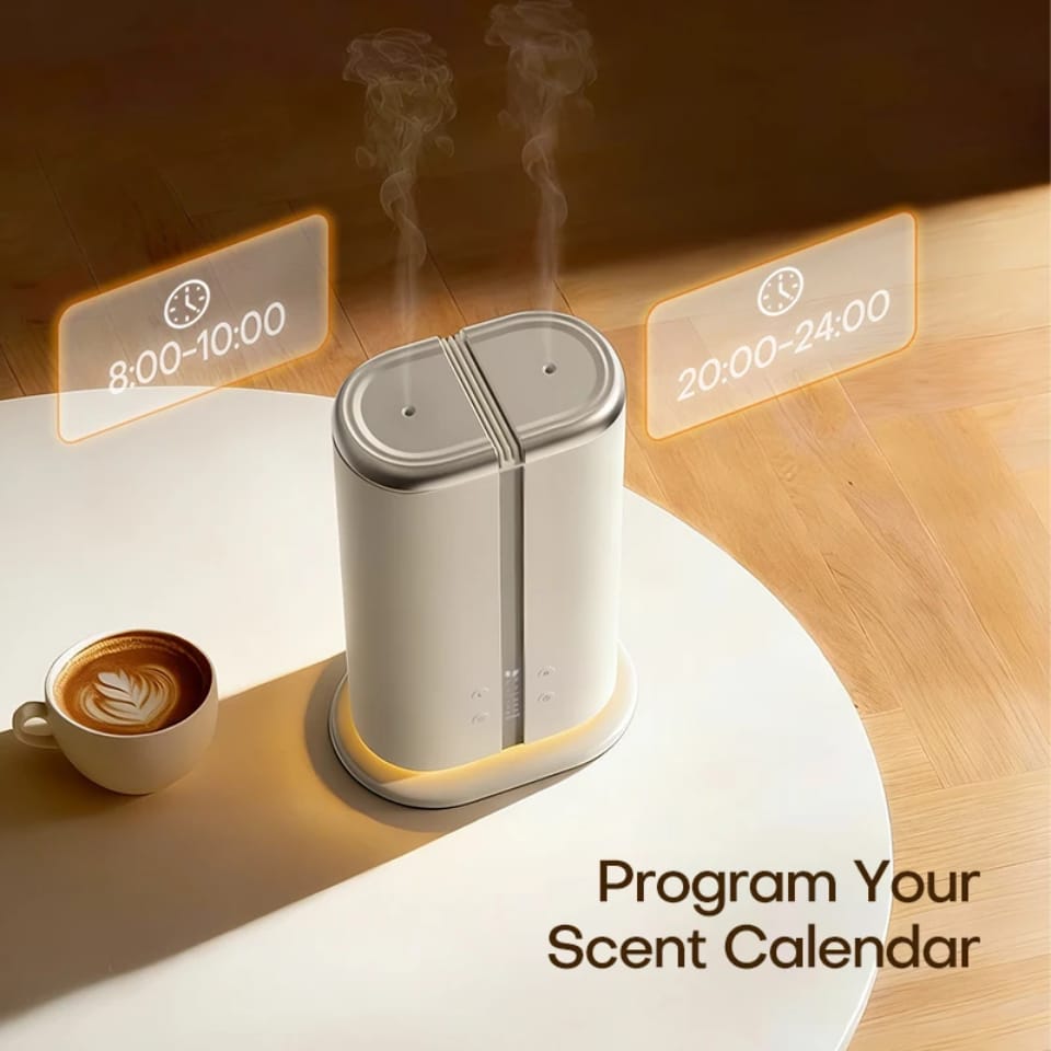 Dual scent aroma diffuser releasing mist from two outlets with scheduled scent times