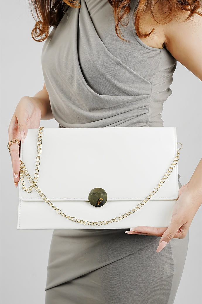 White Envelope Bag for women with gold emblem and chain, Future Style Pakistan