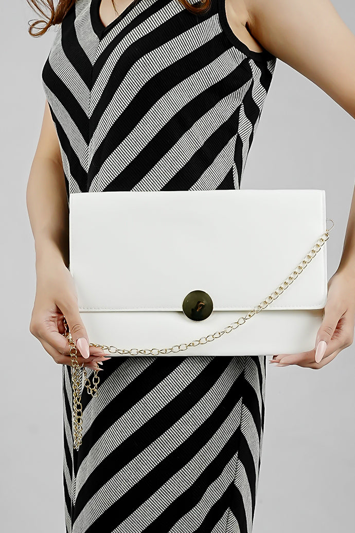 White Envelope Bag with gold emblem and magnetic closure
