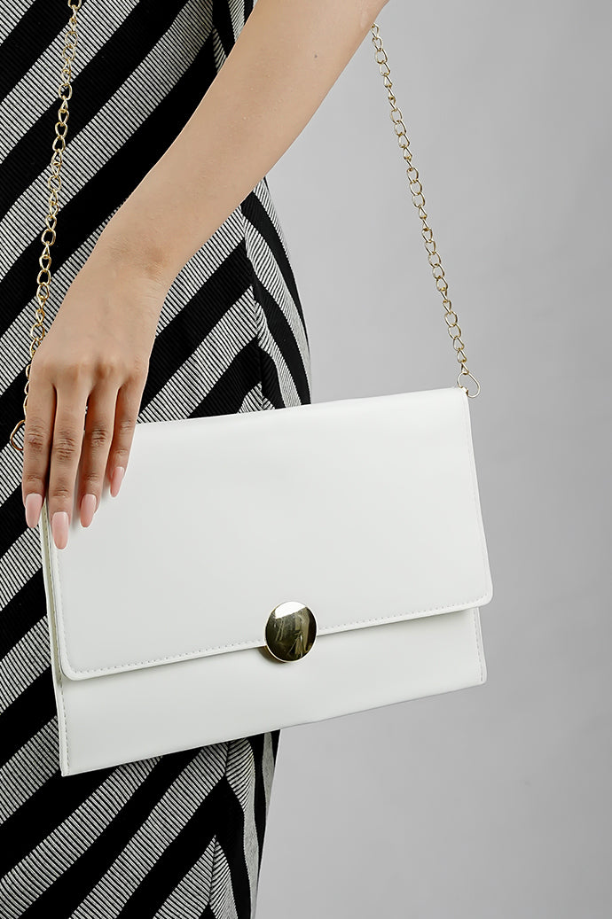 White Envelope Bag for women held in hand with a gold chain