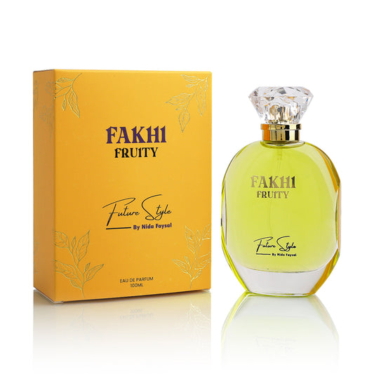 Fakhi Fruity perfume by Future Style, yellow-green bottle with yellow box