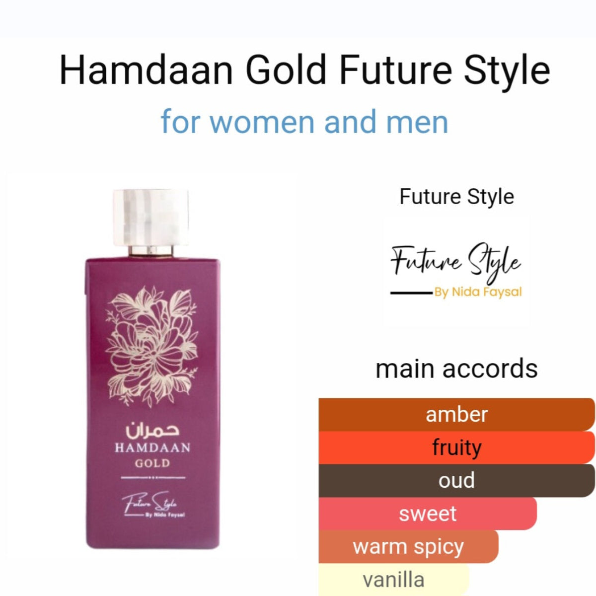 Hamdaan Gold main accords: amber, fruity, oud, sweet, warm spicy and vanilla.