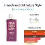 Hamdaan Gold main accords: amber, fruity, oud, sweet, warm spicy and vanilla.
