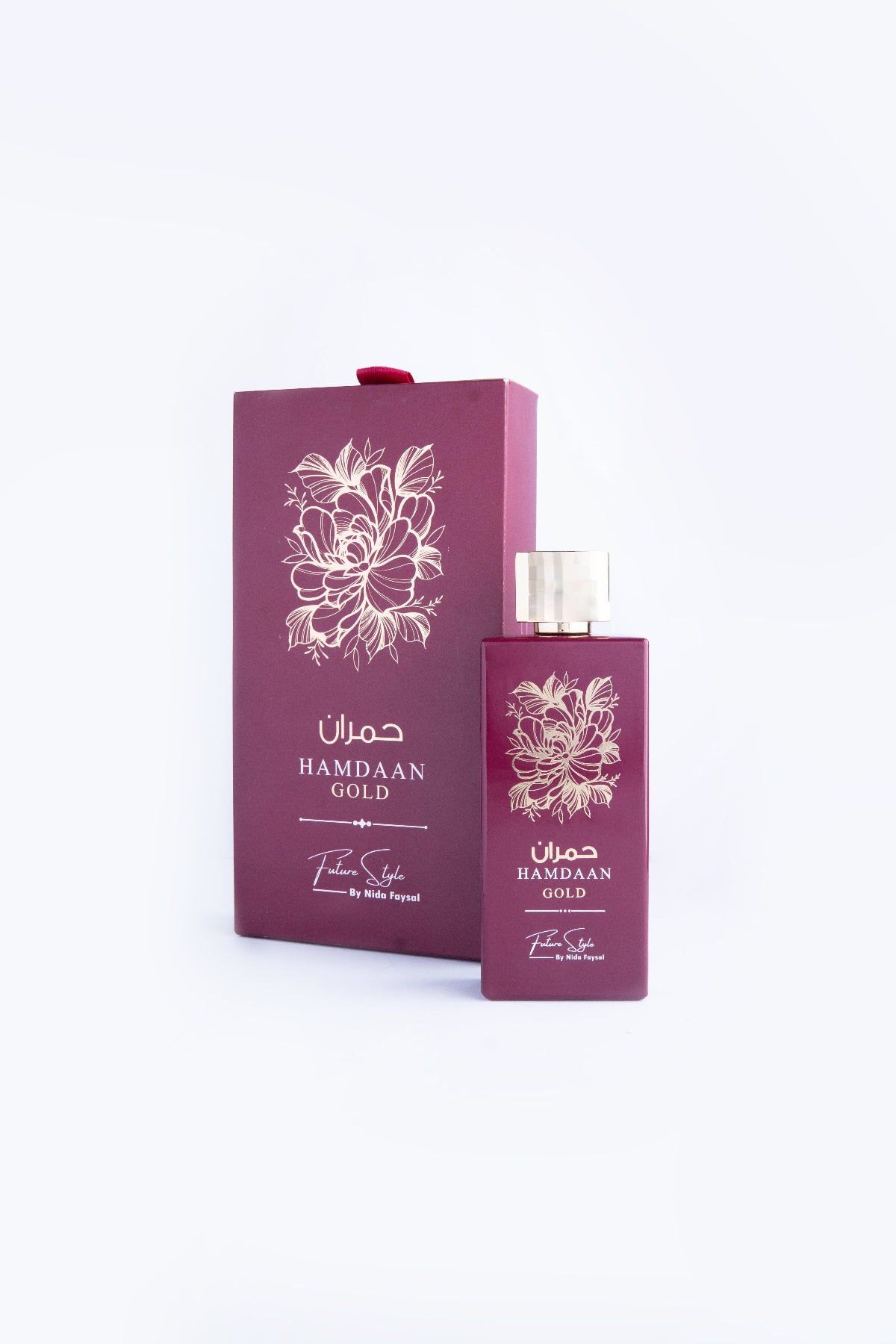 Hamdaan Gold Oud perfume by Future Style, burgundy bottle with burgundy gift box