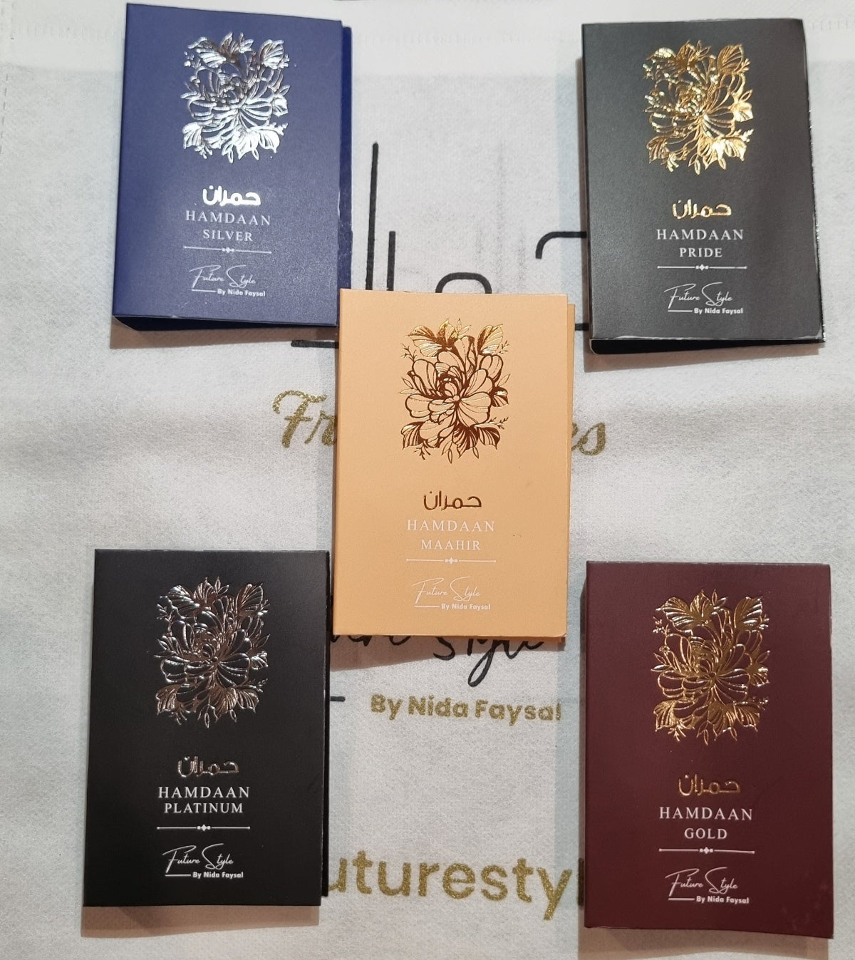 Hamdaan perfume tester boxes by Future Style: Silver, Pride, Maahir, Platinum and Gold