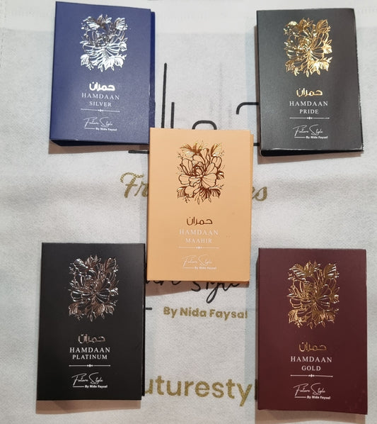 Hamdaan perfume tester boxes by Future Style: Silver, Pride, Maahir, Platinum and Gold