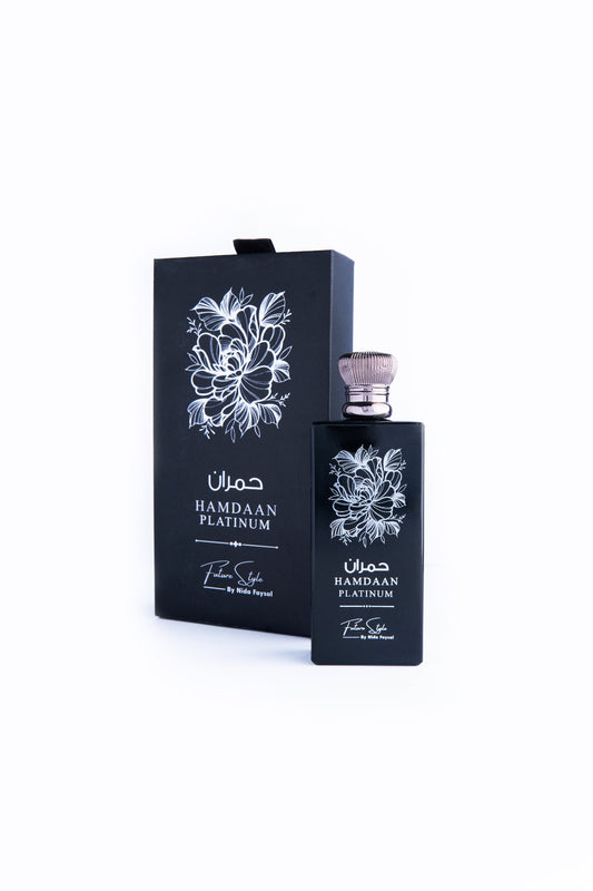 Hamdaan Platinum Leather perfume for men in Pakistan by Future Style, black bottle with gift box