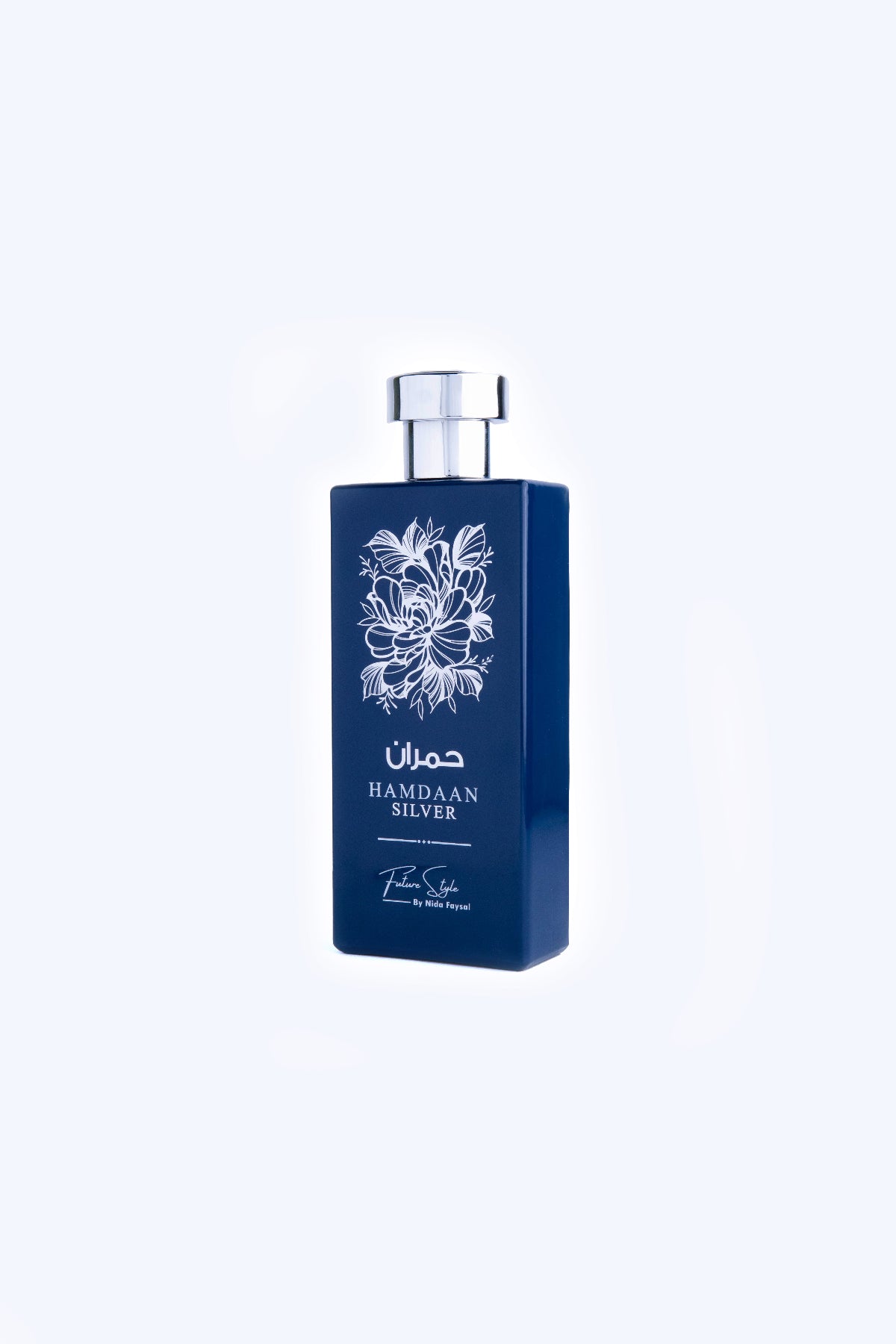 Hamdaan Silver perfume 100ml blue bottle, front view, Future Style Pakistan