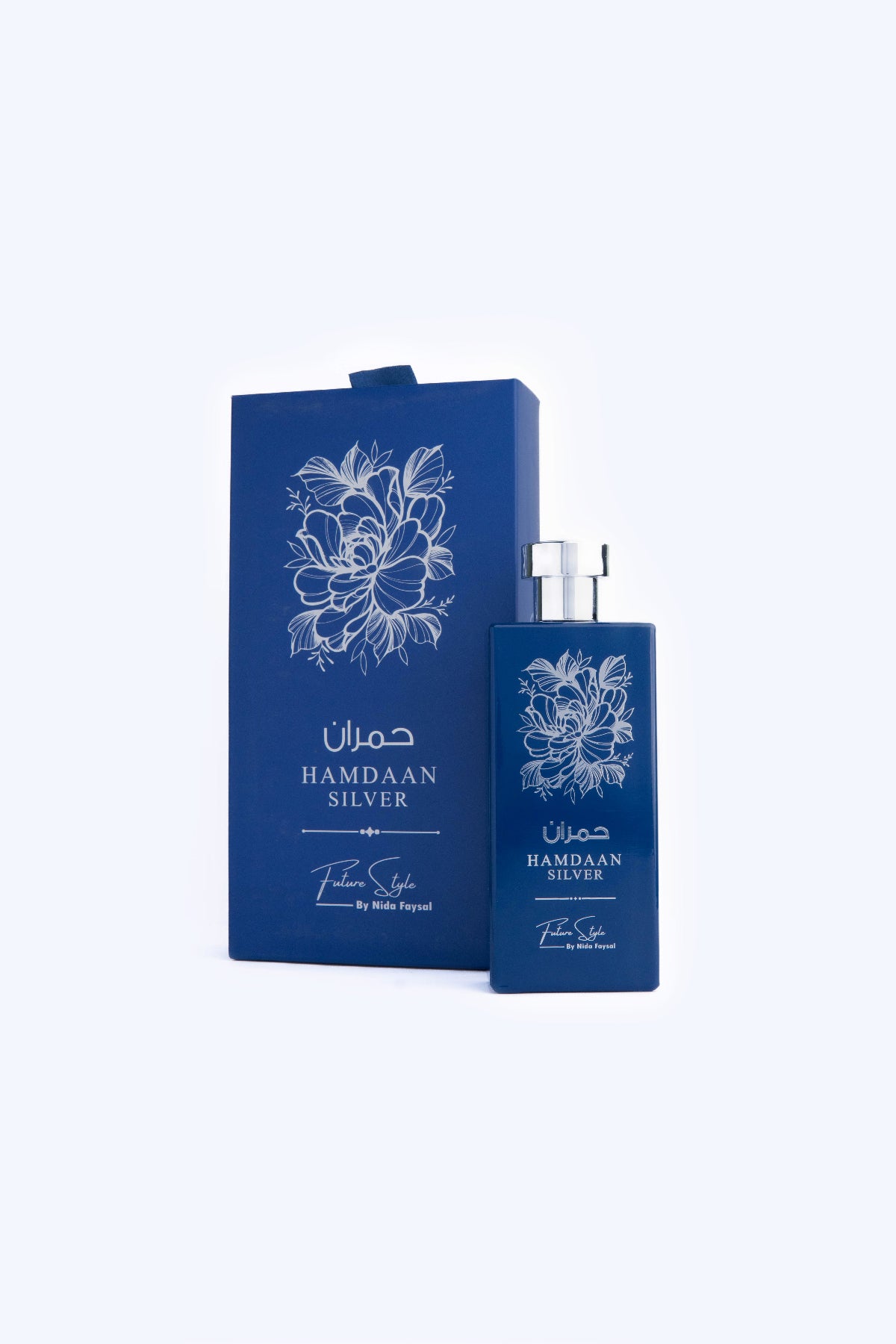 Hamdaan Silver perfume for men in Pakistan by Future Style, blue bottle with gift box