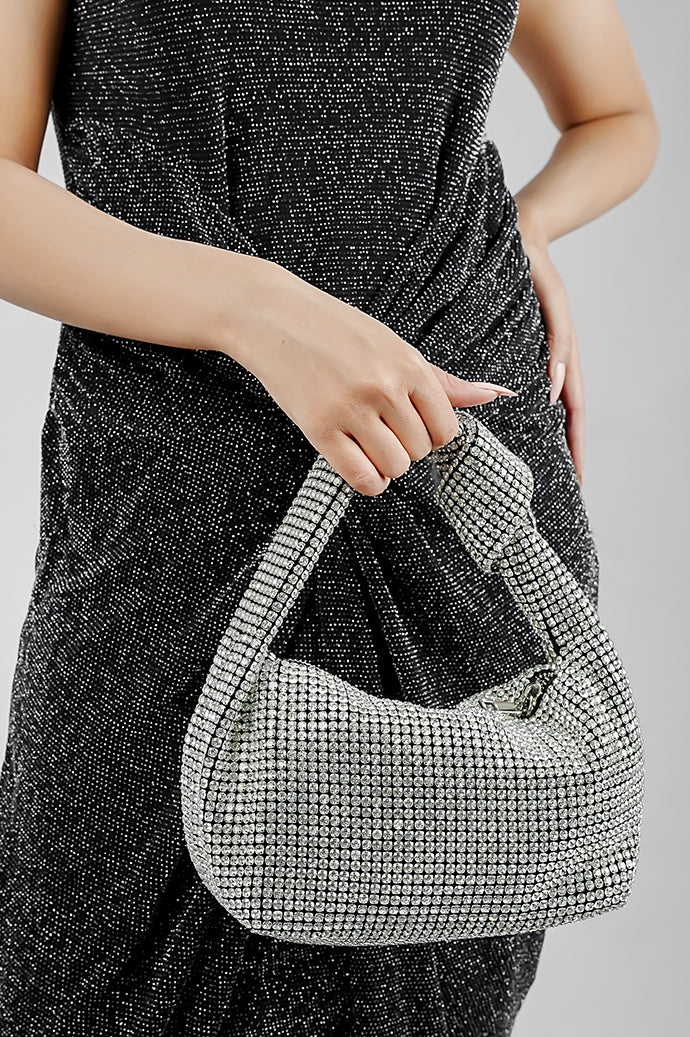 Hubo silver sparkling clutch for women with knot handle, Future Style Pakistan