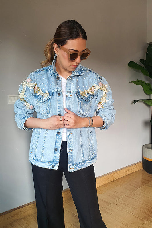 Ice blue denim jacket for women with pearl and embroidery detail, front view, Future Style Pakistan