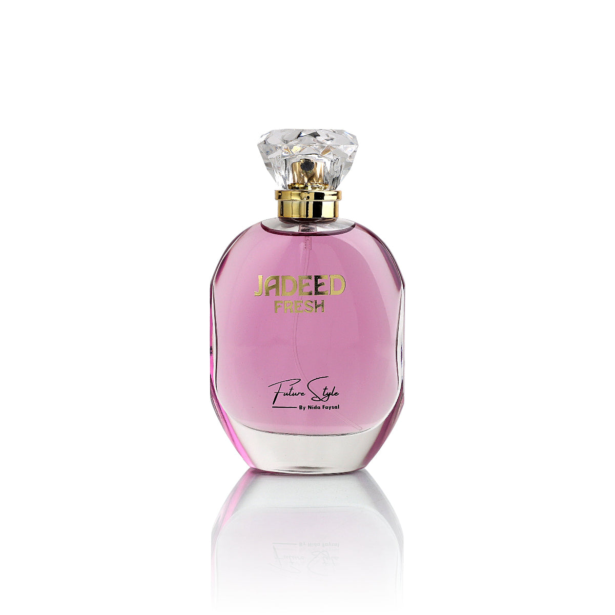 Jadeed Fresh perfume pink glass bottle with clear cap, front view