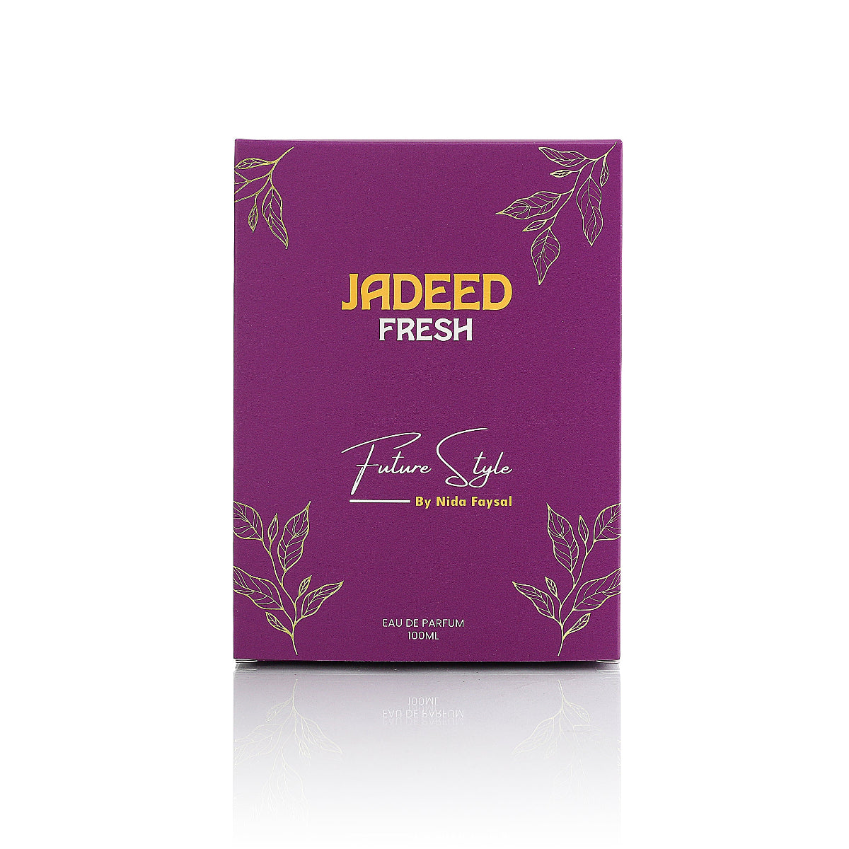 Jadeed Fresh perfume purple box with gold leaf design, front view