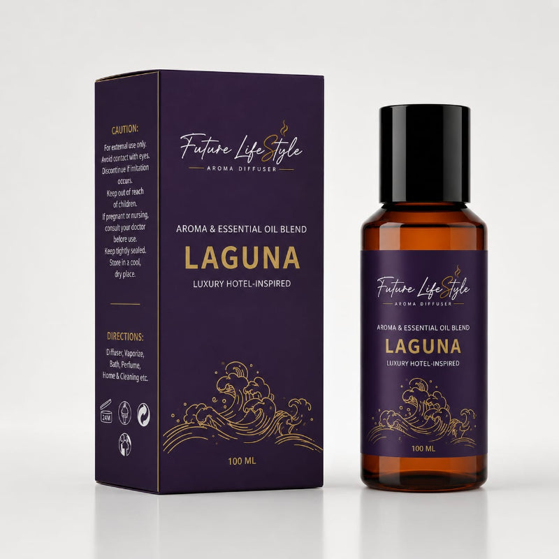 Laguna hotel-inspired aroma oil 100ml bottle and box with fragrance notes, Future Life Style Pakistan