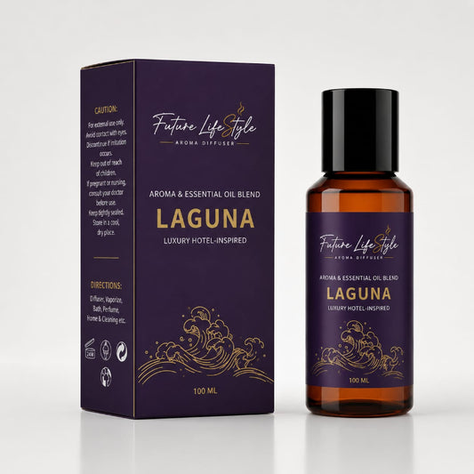 Laguna hotel-inspired aroma oil 100ml bottle and box with fragrance notes, Future Life Style Pakistan