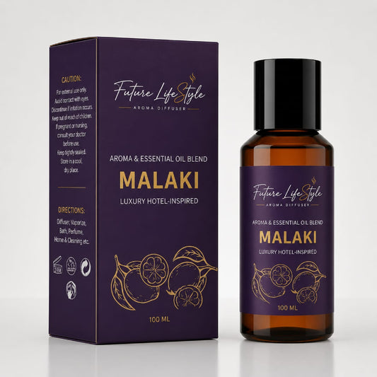 Malaki hotel-inspired aroma oil 100ml bottle and box with fragrance notes, Future Life Style Pakistan